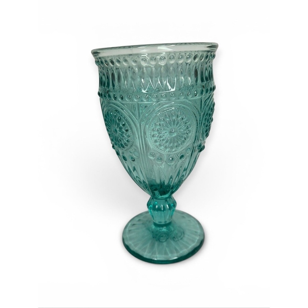 Pioneer Woman Teal Blue Green Glass Embossed Aqua Goblet With Footed Base